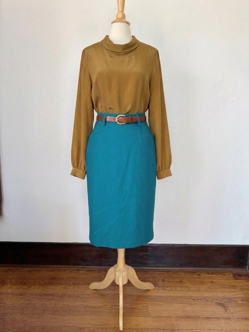Vintage Wool Basketweave Print Midi Skirt